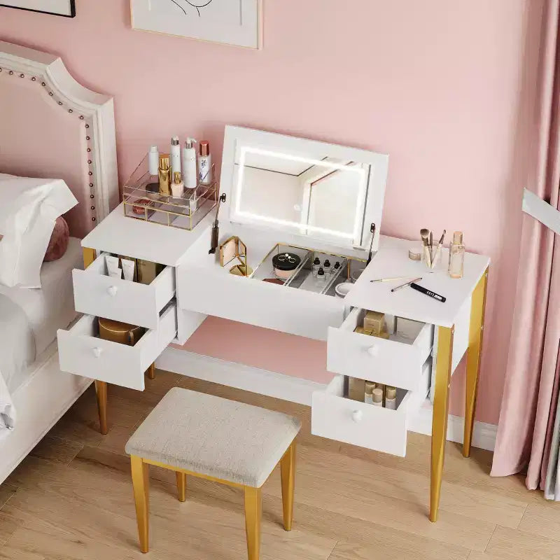 Coiffeuse de maquillage de 120 cm avec miroir escamotable, 3 modes d'éclairage, coiffeuse 3 en 1 avec 5 tiroirs – Sanzelize Design