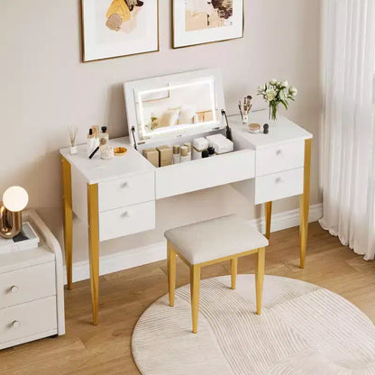 Coiffeuse de maquillage de 120 cm avec miroir escamotable, 3 modes d'éclairage, coiffeuse 3 en 1 avec 5 tiroirs – Sanzelize Design