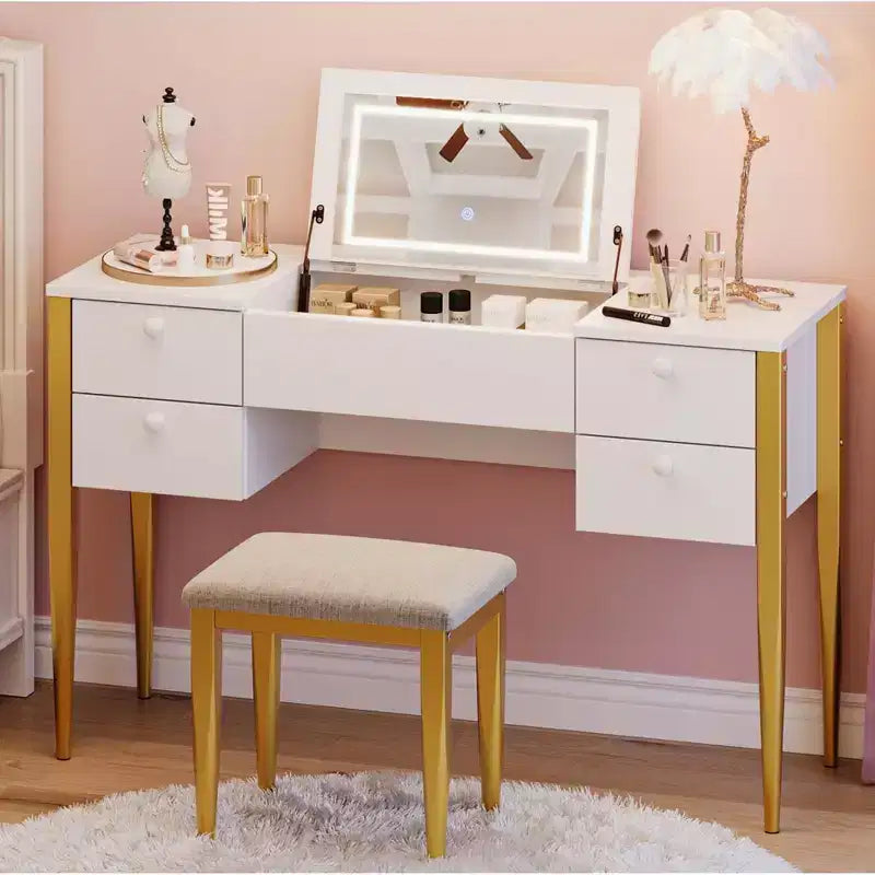 Coiffeuse de maquillage de 120 cm avec miroir escamotable, 3 modes d'éclairage, coiffeuse 3 en 1 avec 5 tiroirs – Sanzelize Design