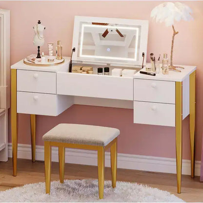 Coiffeuse de maquillage de 120 cm avec miroir escamotable, 3 modes d'éclairage, coiffeuse 3 en 1 avec 5 tiroirs – Sanzelize Design