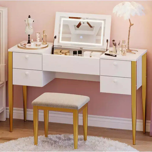 Coiffeuse de maquillage de 120 cm avec miroir escamotable, 3 modes d'éclairage, coiffeuse 3 en 1 avec 5 tiroirs – Sanzelize Design