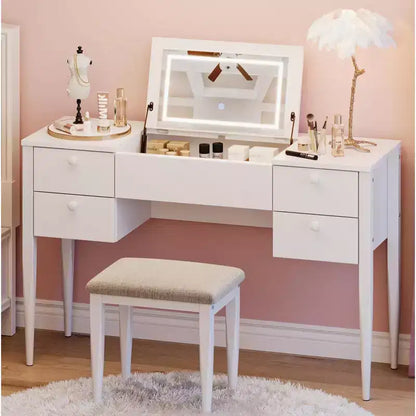 Coiffeuse de maquillage de 120 cm avec miroir escamotable, 3 modes d'éclairage, coiffeuse 3 en 1 avec 5 tiroirs – Sanzelize Design