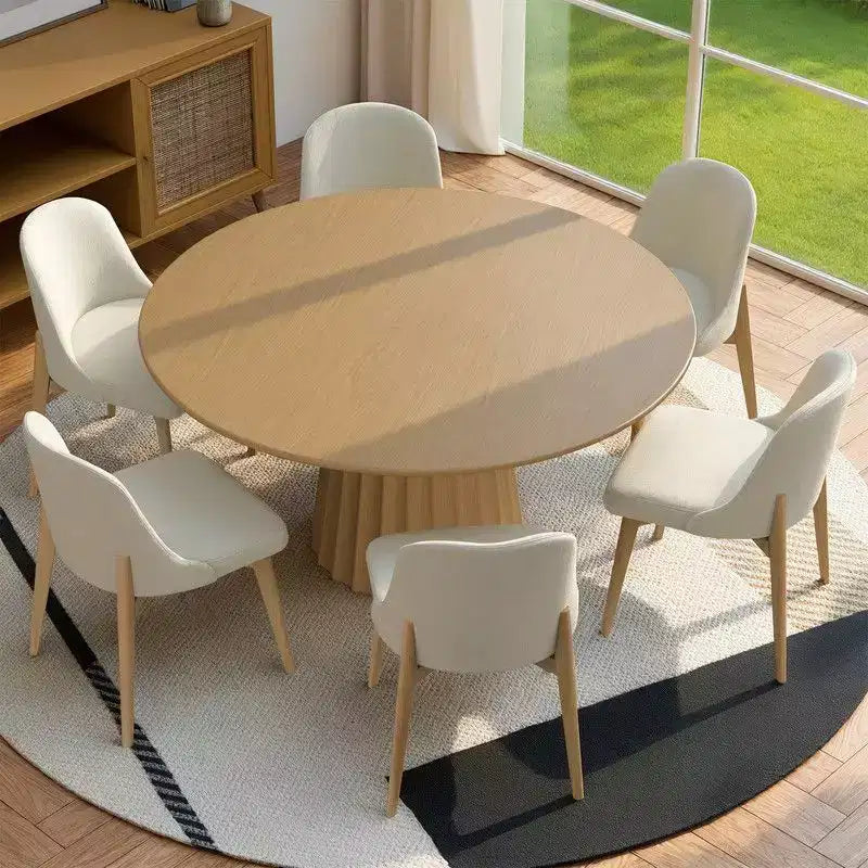 Ensemble Table à Manger Ronde 132 cm Moderne avec 8 Chaises Rembourrées Plateau en Bois Texturé Naturel Base Piédestal – Sanzelize Design