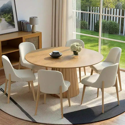 Ensemble Table à Manger Ronde 132 cm Moderne avec 8 Chaises Rembourrées Plateau en Bois Texturé Naturel Base Piédestal – Sanzelize Design