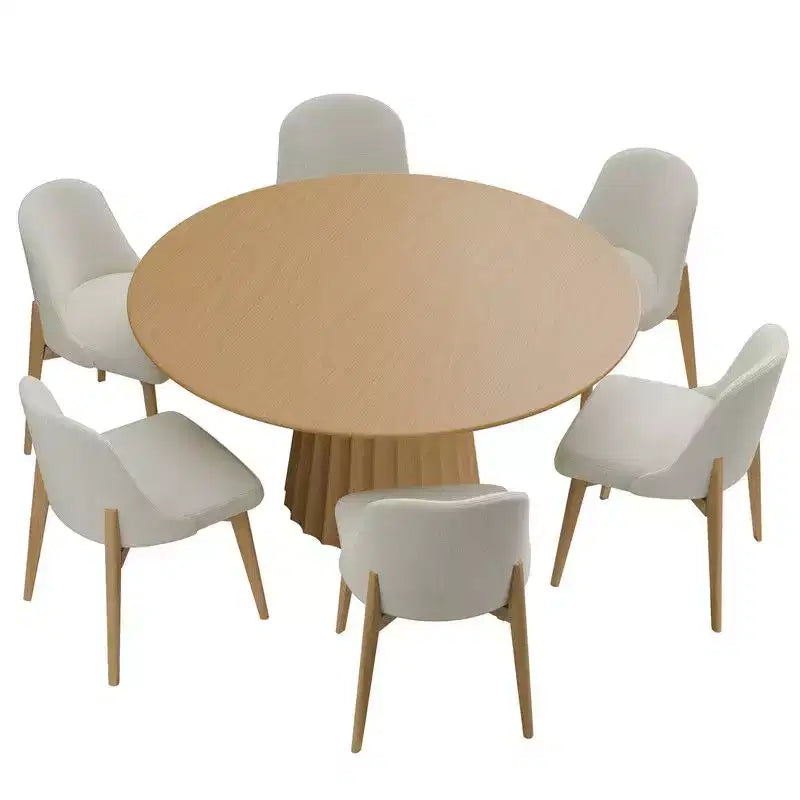 Ensemble Table à Manger Ronde 132 cm Moderne avec 8 Chaises Rembourrées Plateau en Bois Texturé Naturel Base Piédestal – Sanzelize Design