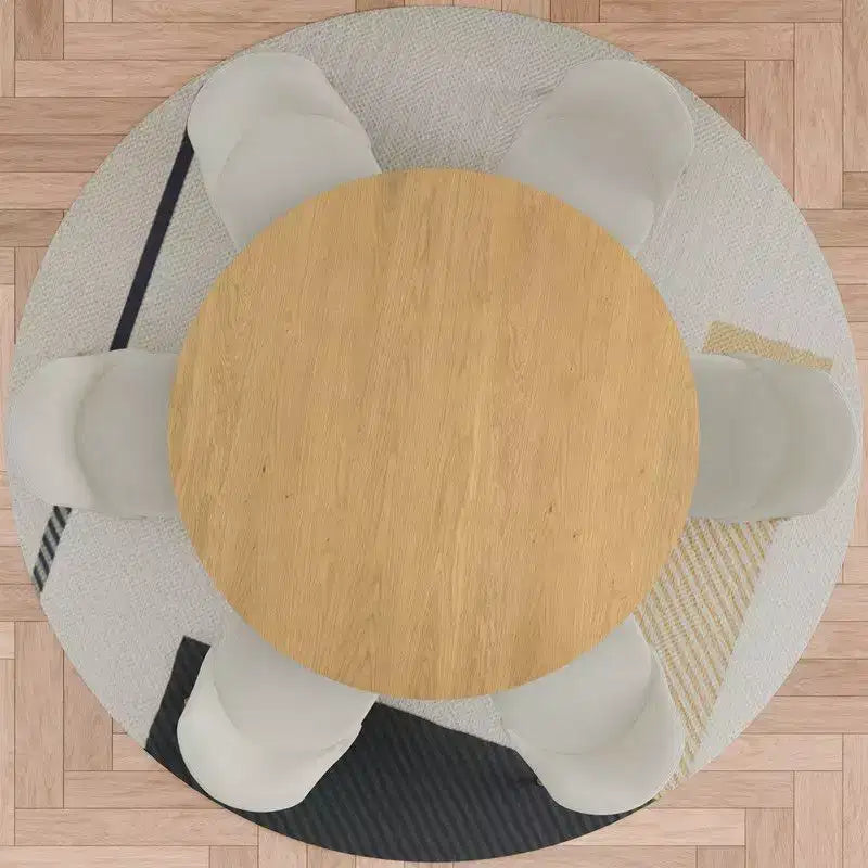 Ensemble Table à Manger Ronde 132 cm Moderne avec 8 Chaises Rembourrées Plateau en Bois Texturé Naturel Base Piédestal – Sanzelize Design