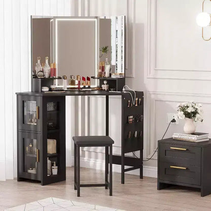 Coiffeuse d'angle avec tabouret, station de charge et miroir lumineux – Sanzelize Design