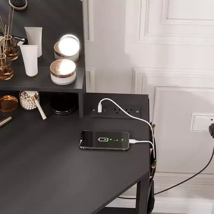 Coiffeuse d'angle avec tabouret, station de charge et miroir lumineux – Sanzelize Design