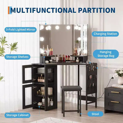 Coiffeuse d'angle avec tabouret, station de charge et miroir lumineux – Sanzelize Design