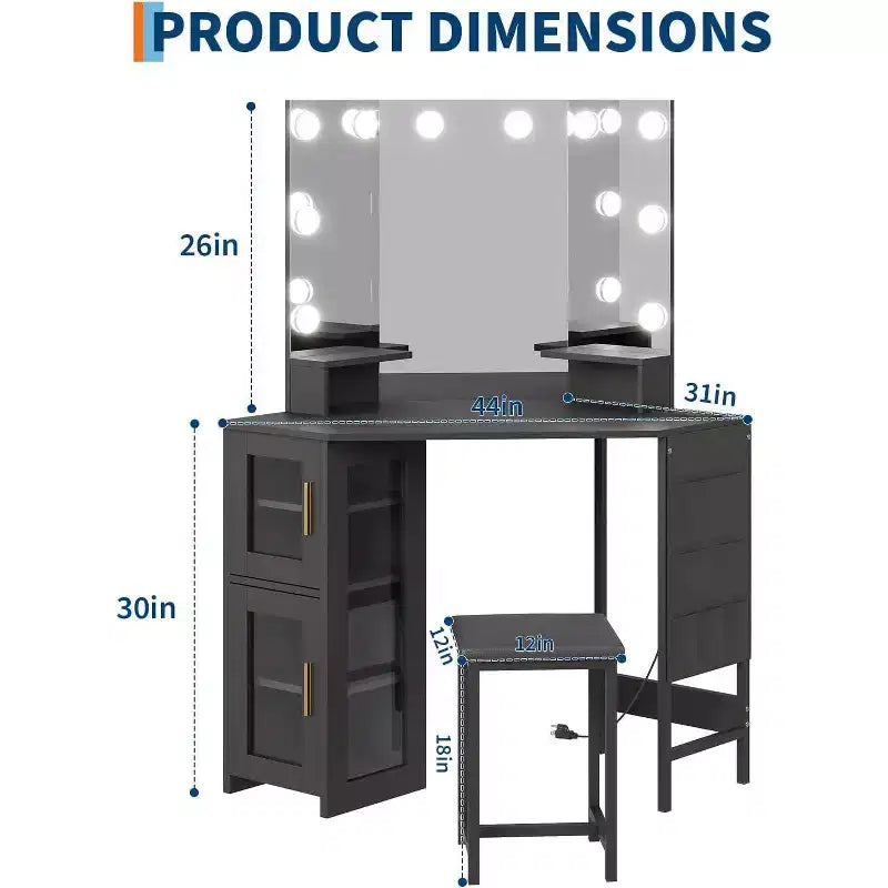 Coiffeuse d'angle avec tabouret, station de charge et miroir lumineux – Sanzelize Design