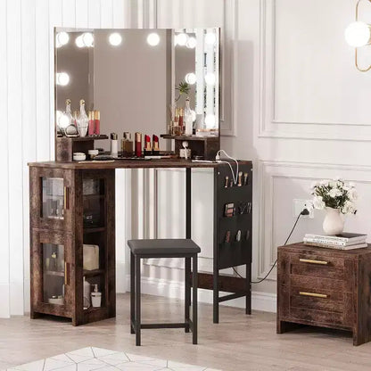 Coiffeuse d'angle avec tabouret, station de charge et miroir lumineux – Sanzelize Design