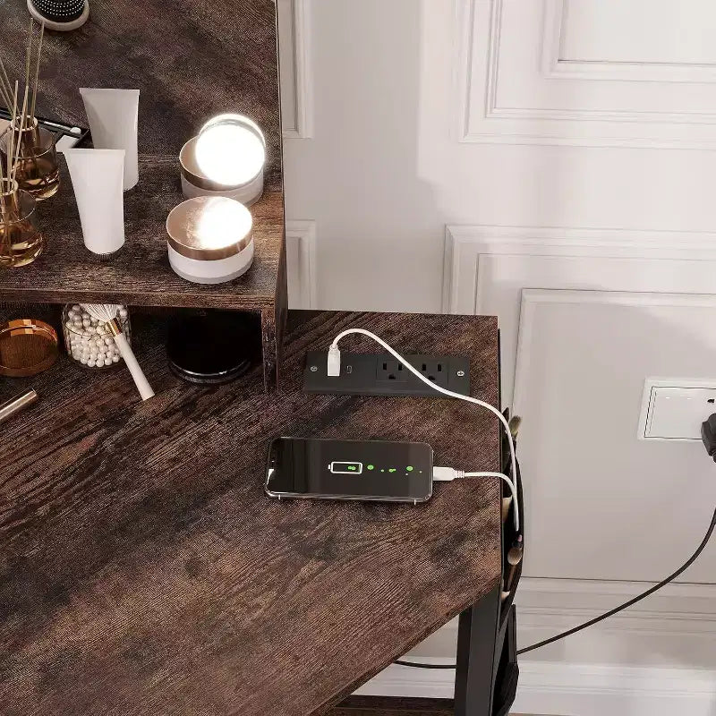 Coiffeuse d'angle avec tabouret, station de charge et miroir lumineux – Sanzelize Design