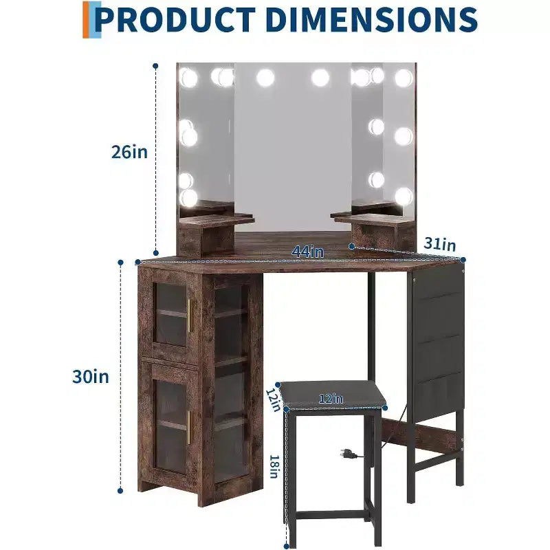 Coiffeuse d'angle avec tabouret, station de charge et miroir lumineux – Sanzelize Design