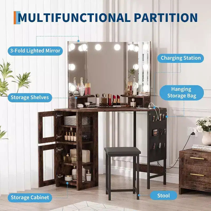 Coiffeuse d'angle avec tabouret, station de charge et miroir lumineux – Sanzelize Design