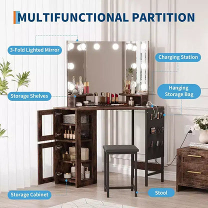 Coiffeuse d'angle avec tabouret, station de charge et miroir lumineux – Sanzelize Design