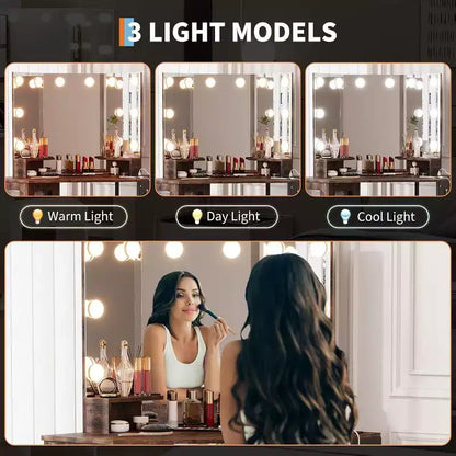 Coiffeuse d'angle avec tabouret, station de charge et miroir lumineux – Sanzelize Design