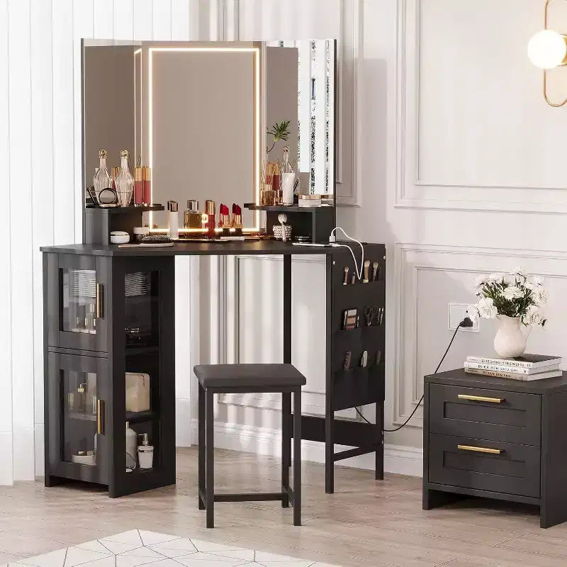 Coiffeuse d'angle avec tabouret, station de charge et miroir lumineux – Sanzelize Design
