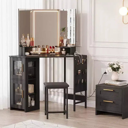 Coiffeuse d'angle avec tabouret, station de charge et miroir lumineux – Sanzelize Design