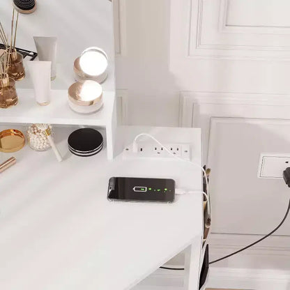 Coiffeuse d'angle avec tabouret, station de charge et miroir lumineux – Sanzelize Design