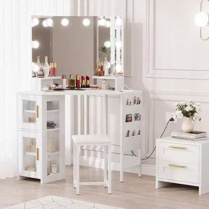 Coiffeuse d'angle avec tabouret, station de charge et miroir lumineux – Sanzelize Design