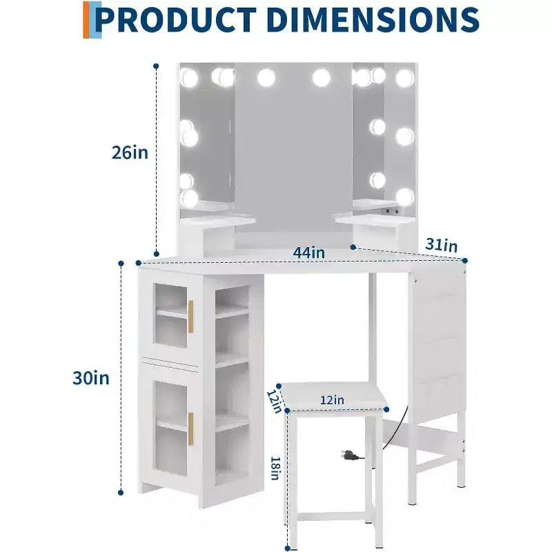 Coiffeuse d'angle avec tabouret, station de charge et miroir lumineux – Sanzelize Design