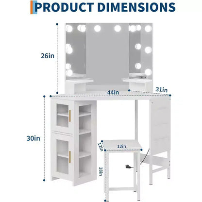Coiffeuse d'angle avec tabouret, station de charge et miroir lumineux – Sanzelize Design