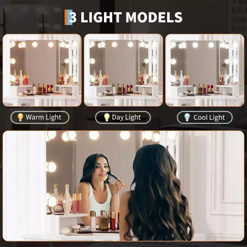Coiffeuse d'angle avec tabouret, station de charge et miroir lumineux – Sanzelize Design