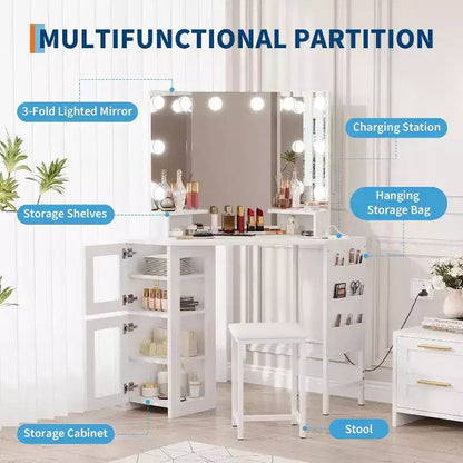 Coiffeuse d'angle avec tabouret, station de charge et miroir lumineux – Sanzelize Design