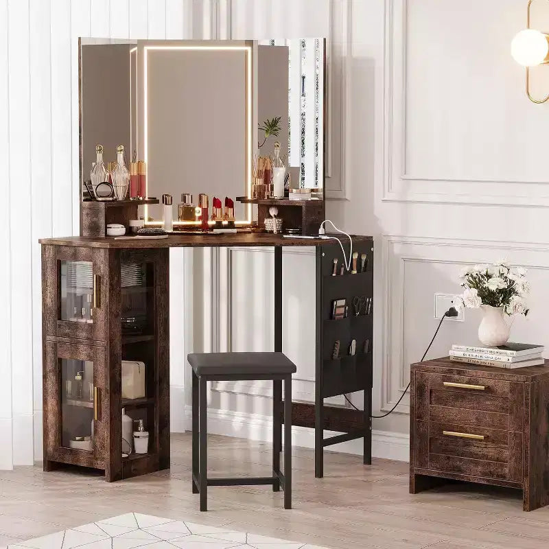 Coiffeuse d'angle avec tabouret, station de charge et miroir lumineux – Sanzelize Design