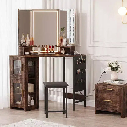 Coiffeuse d'angle avec tabouret, station de charge et miroir lumineux – Sanzelize Design