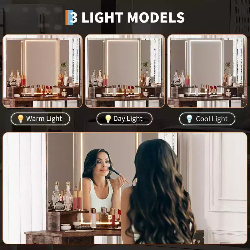 Coiffeuse d'angle avec tabouret, station de charge et miroir lumineux – Sanzelize Design