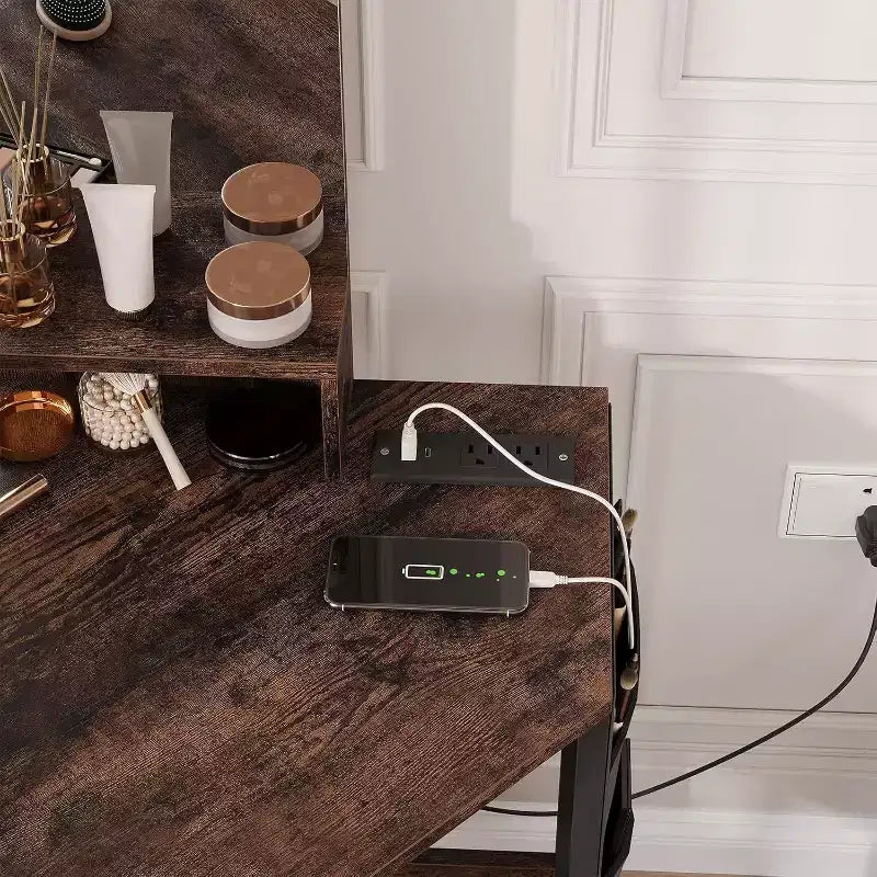Coiffeuse d'angle avec tabouret, station de charge et miroir lumineux – Sanzelize Design