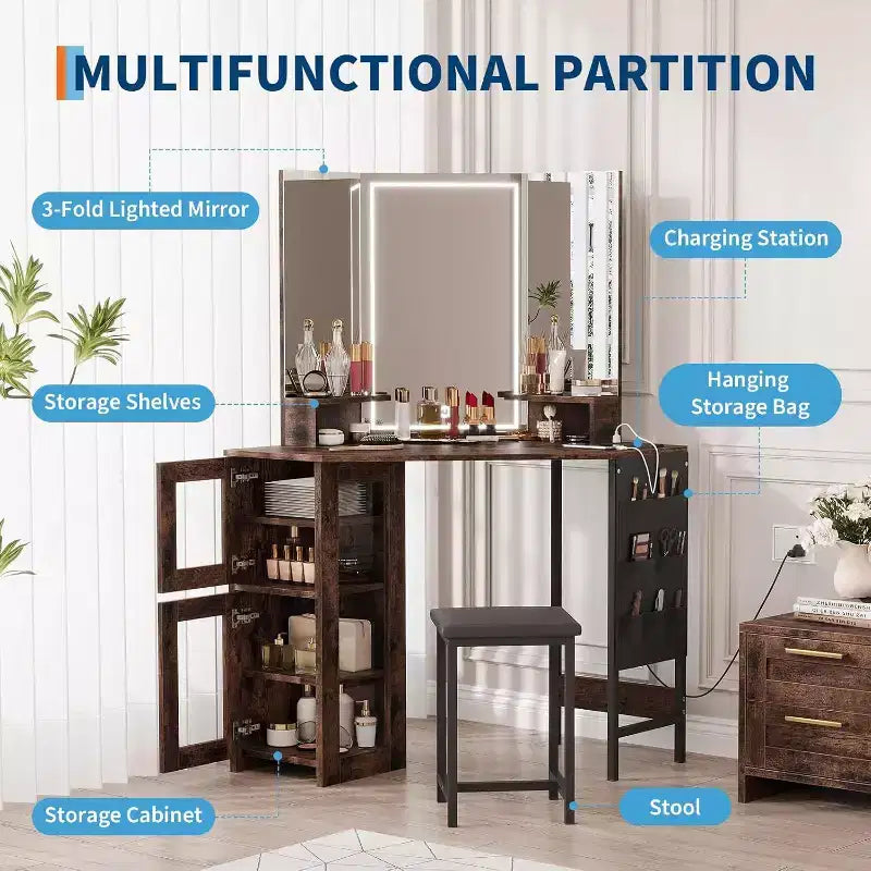 Coiffeuse d'angle avec tabouret, station de charge et miroir lumineux – Sanzelize Design