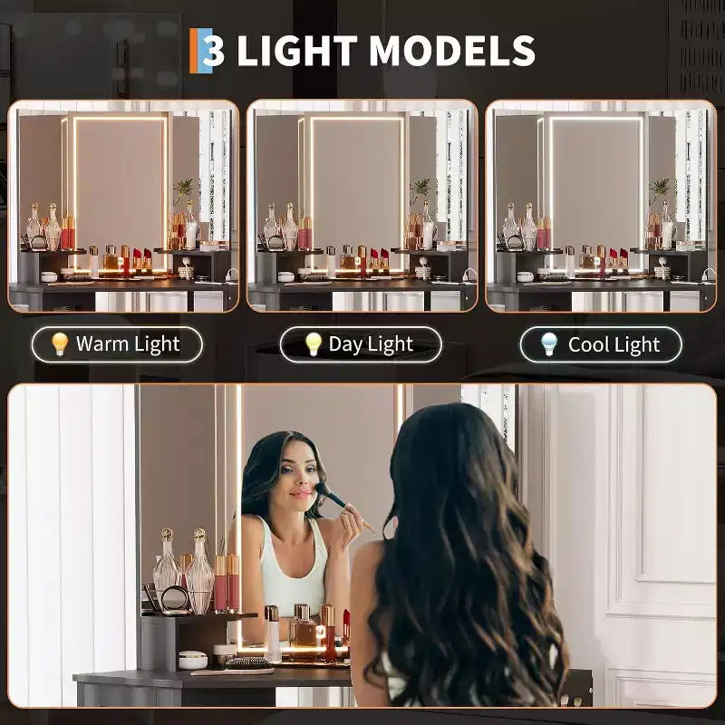 Coiffeuse d'angle avec tabouret, station de charge et miroir lumineux – Sanzelize Design