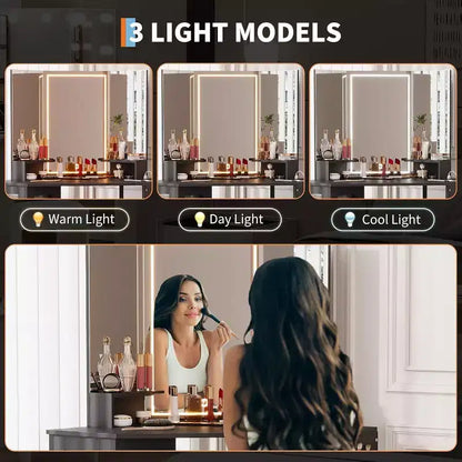 Coiffeuse d'angle avec tabouret, station de charge et miroir lumineux – Sanzelize Design