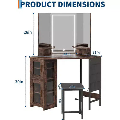 Coiffeuse d'angle avec tabouret, station de charge et miroir lumineux – Sanzelize Design