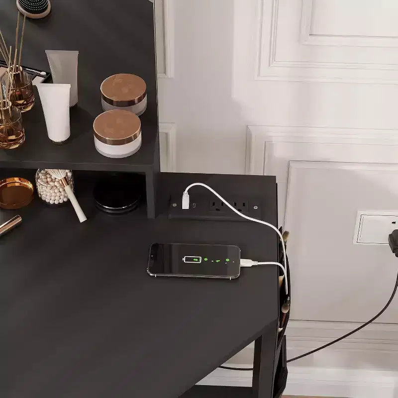 Coiffeuse d'angle avec tabouret, station de charge et miroir lumineux – Sanzelize Design