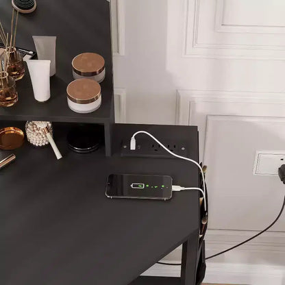 Coiffeuse d'angle avec tabouret, station de charge et miroir lumineux – Sanzelize Design