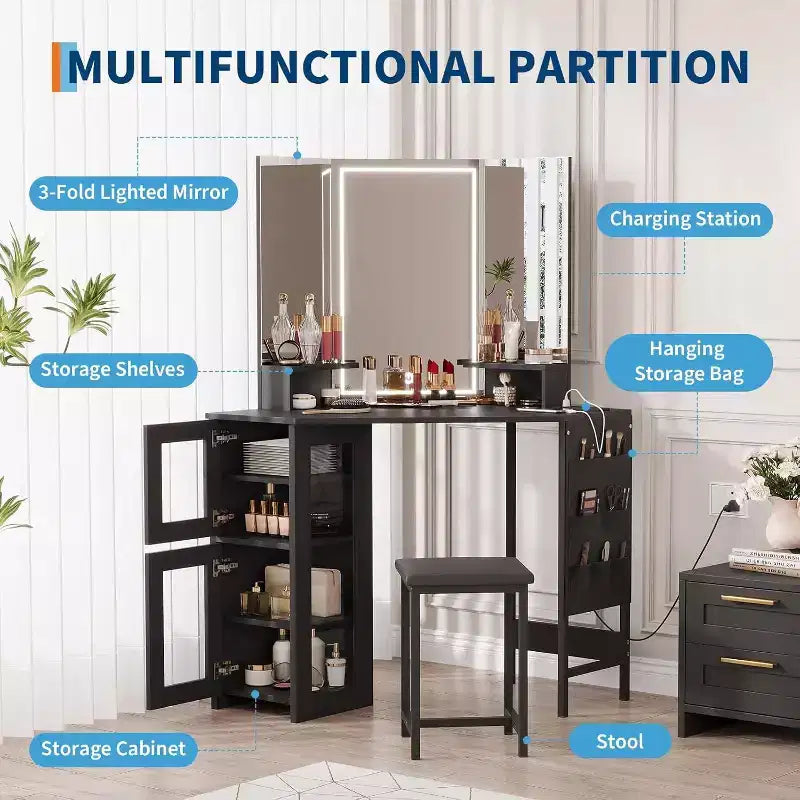 Coiffeuse d'angle avec tabouret, station de charge et miroir lumineux – Sanzelize Design
