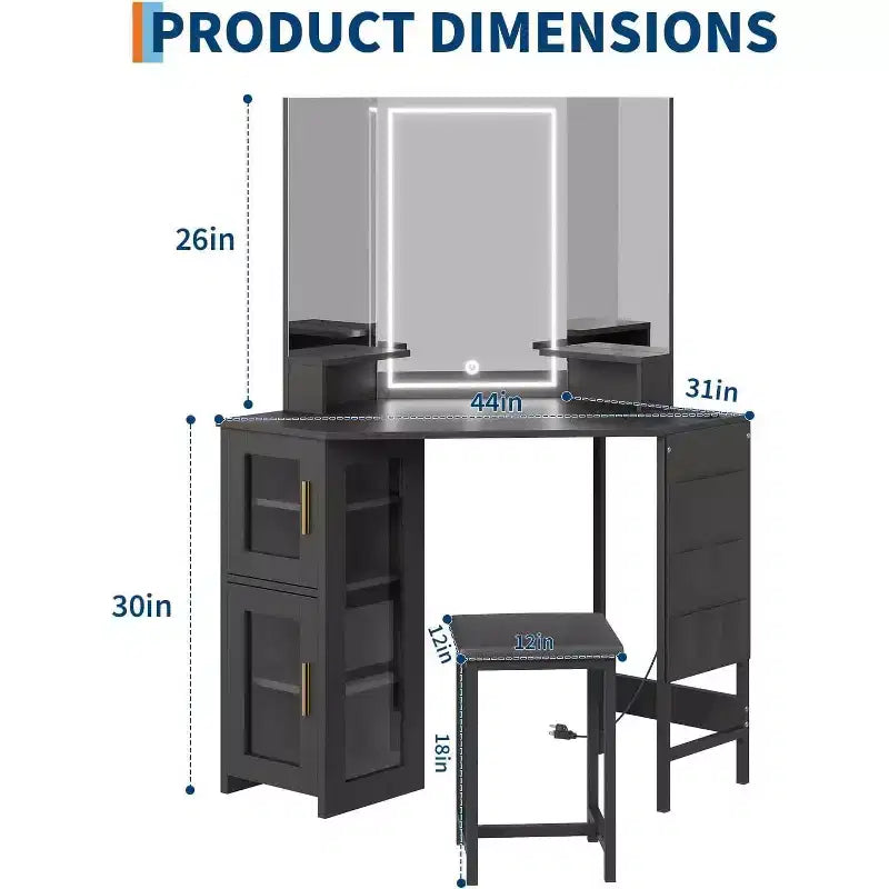 Coiffeuse d'angle avec tabouret, station de charge et miroir lumineux – Sanzelize Design