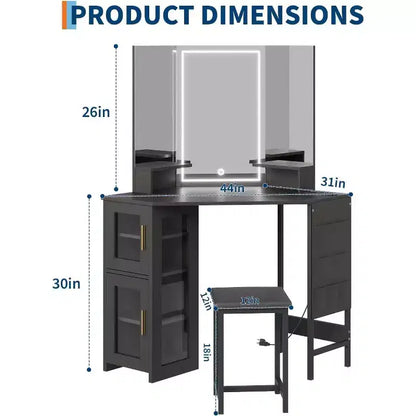 Coiffeuse d'angle avec tabouret, station de charge et miroir lumineux – Sanzelize Design