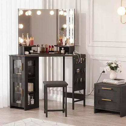 Coiffeuse d'angle avec tabouret, station de charge et miroir lumineux – Sanzelize Design