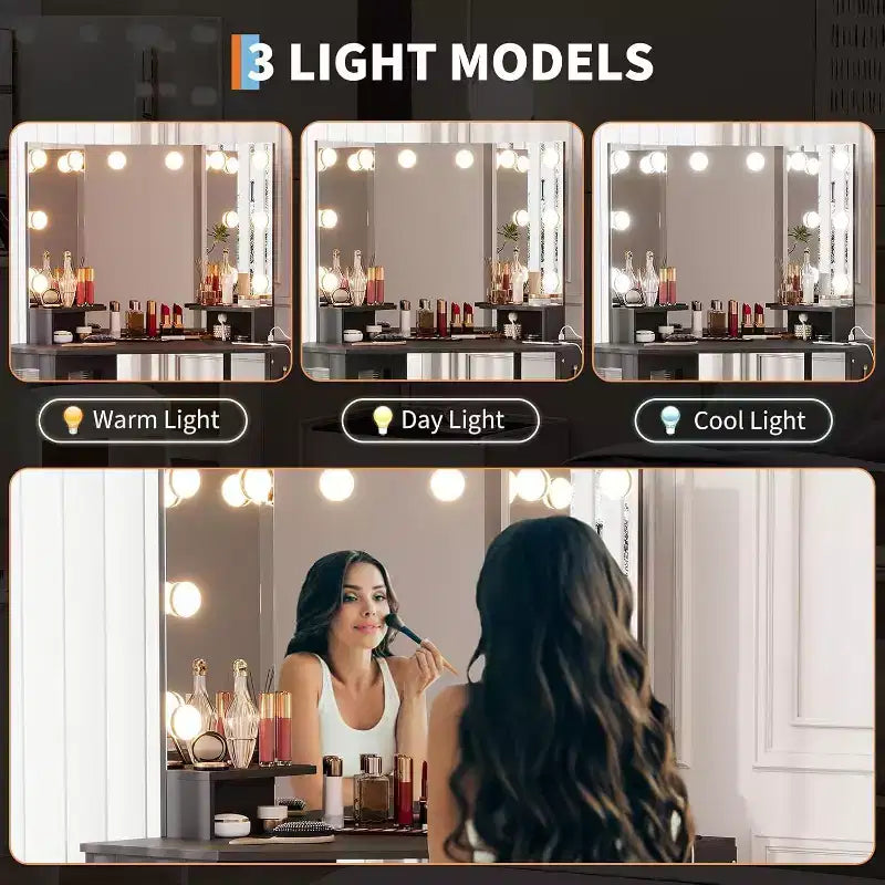 Coiffeuse d'angle avec tabouret, station de charge et miroir lumineux – Sanzelize Design