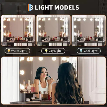 Coiffeuse d'angle avec tabouret, station de charge et miroir lumineux – Sanzelize Design
