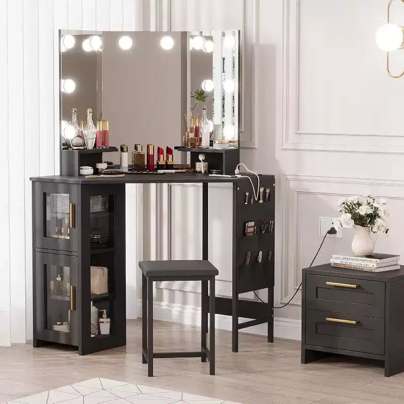 Coiffeuse d'angle avec tabouret, station de charge et miroir lumineux – Sanzelize Design