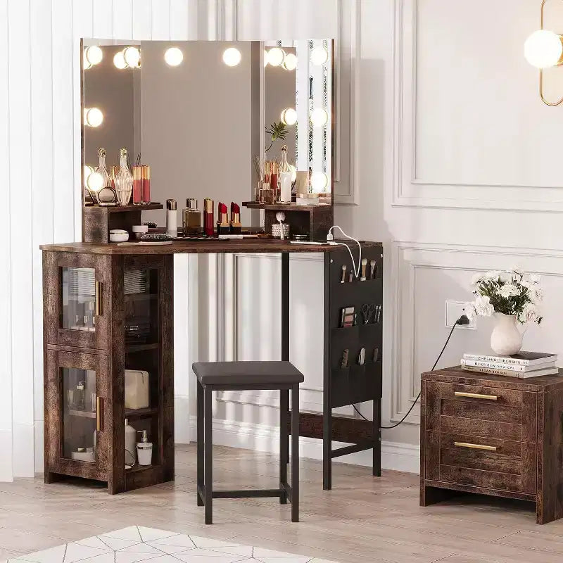 Coiffeuse d'angle avec tabouret, station de charge et miroir lumineux – Sanzelize Design