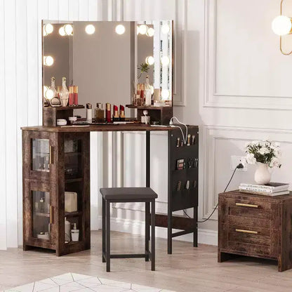 Coiffeuse d'angle avec tabouret, station de charge et miroir lumineux – Sanzelize Design