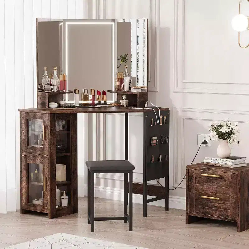 Coiffeuse d'angle avec tabouret, station de charge et miroir lumineux – Sanzelize Design