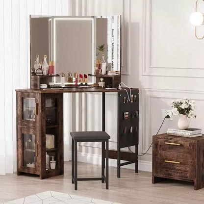 Coiffeuse d'angle avec tabouret, station de charge et miroir lumineux – Sanzelize Design