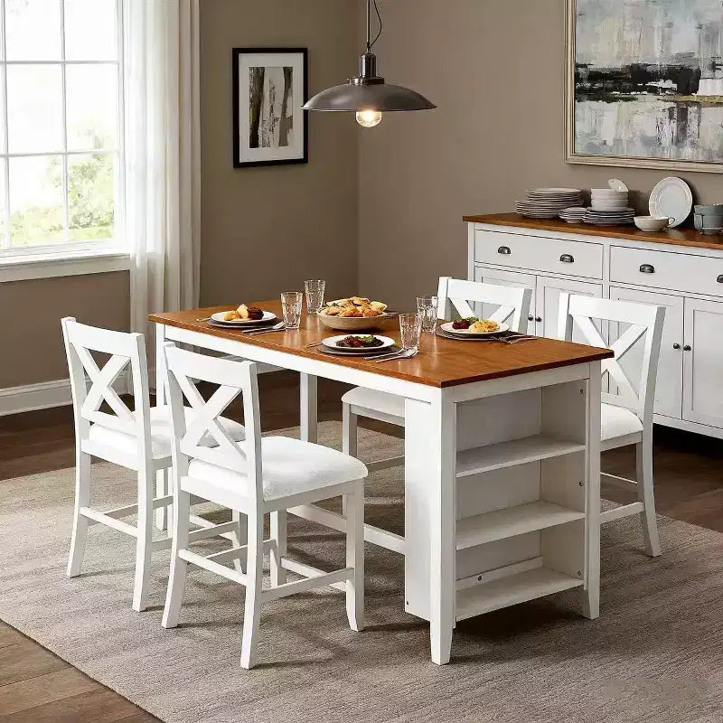 Ensemble table et chaises 5 pièces hauteur comptoir avec étagères de rangement, blanc et noyer, style ferme moderne – Sanzelize Design